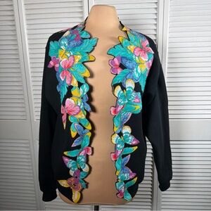 Cheetah Mervyns Floral Glitter Appliqué Cardigan Sweater Black Medium